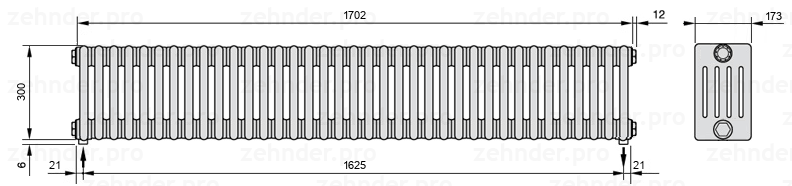 Схема (чертеж) Радиатор Zehnder Charleston 5030/37 №3570 Белый глянцевый RAL 9016